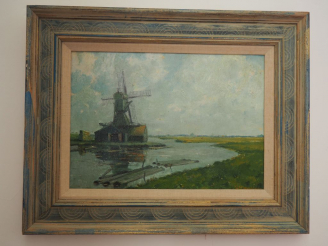 Vente aux enchères G. SLAVNBURG. "Le moulin". Huile sur panneau signée en bas à droite.  