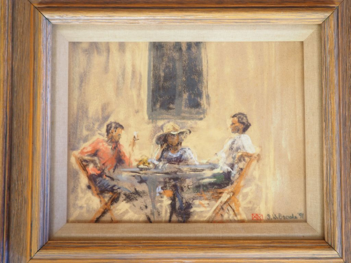 S. W. BRODE. "La discussion". Pastel signé en bas à droite. Dim. 21,5 