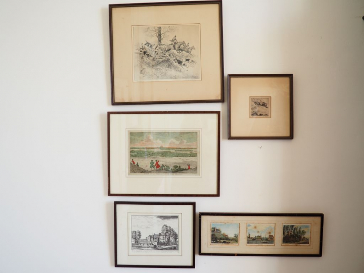 5 encadrements contenant des gravures en noir en noir et en couleur.