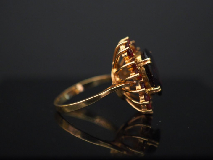 	Bague marguerite en or jaune, sertie d’un grenat central entouré de s