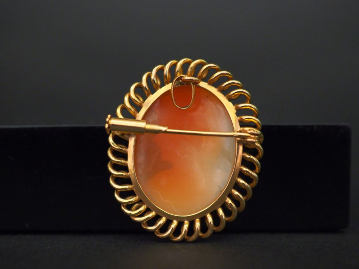 	Broche/pendentif en or jaune, sertie en son centre d’un camée figuran