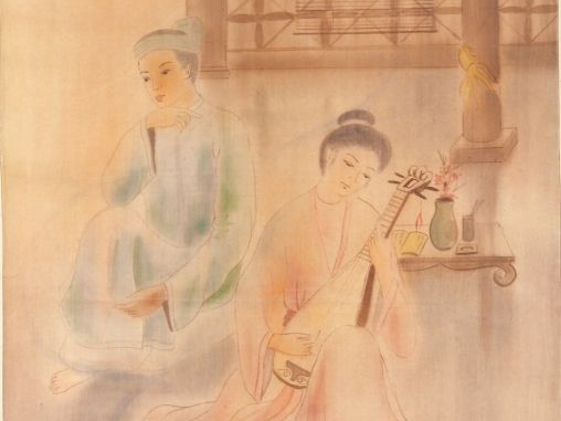 LE TUNG. "Scène galante". Aquarelle sur soie, signée en bas à droite  