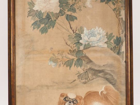 Encre et couleurs sur papier représentant un chien Shitsu sous un pivo