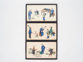 Vente aux enchères 3 gouaches de Canton sur papier de riz figurant un marchand de pastèqu