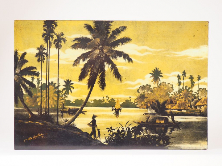 2 panneaux de laque "Paysage animé" Dim. 40 x 60 cm