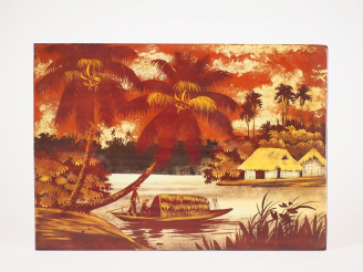 Vente aux enchères 2 panneaux de laque "Paysage à la pagode" Dim. 24,5 x 35 cm