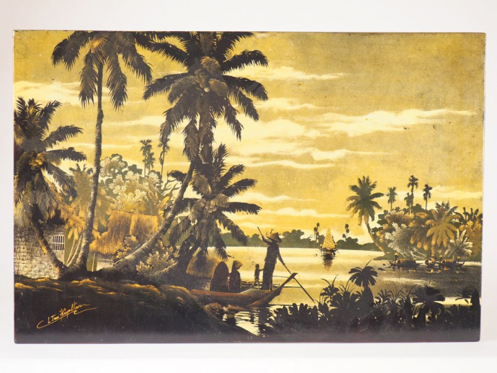 2 panneaux de laque "Paysage animé" Dim. 40 x 60 cm