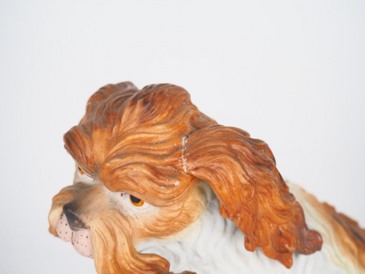 Paire de sujets 1900 en biscuit polychrome "chiens de salon". Numéroté