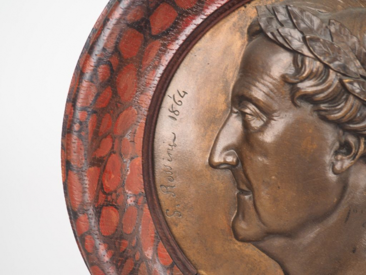 CHEVALIER. "portrait de G. Rossini" Plaque en bronze en tondo datée 18