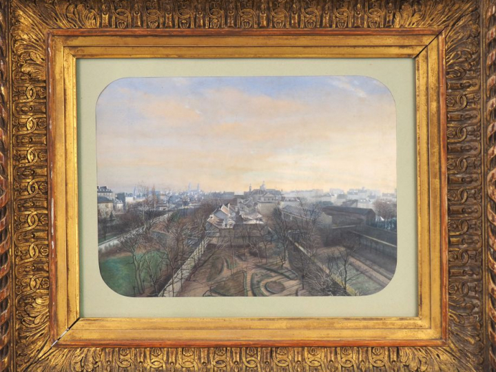 Ecole française fin XIXème début XXème. "Vue aérienne de Paris". Gouac