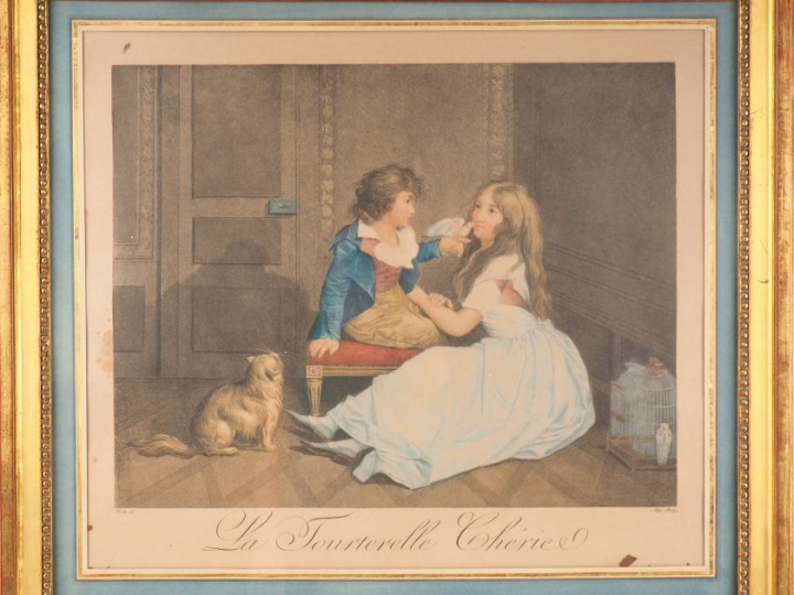 Paire d'aquatintes d'après Boilly "la tourterelle chérie" et "la crain