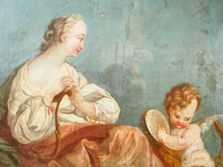 Ecole française XVIIIème.  "Allégorie de la musique". Huile sur toile.