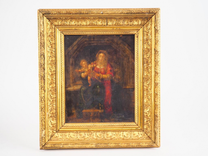 Ecole française XVIIIème.  "Vierge à l'enfant" Huile sur cuivre Dim. 2