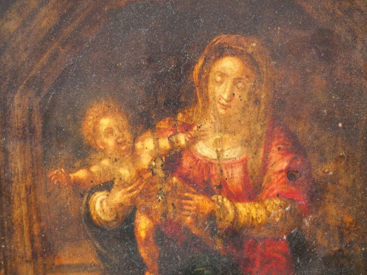 Ecole française XVIIIème.  "Vierge à l'enfant" Huile sur cuivre Dim. 2