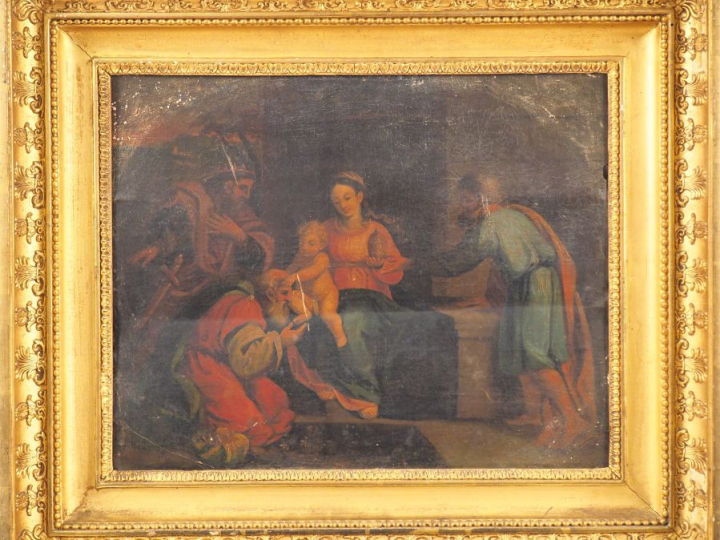 Ecole française fin XVIIIème. "Adoration des mages" Huile sur carton, 