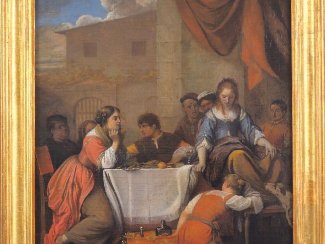 Ecole du Nord XVIIIème. "le banquet". Huile sur toile marouflée sur pa