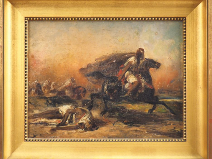 Ecole orientaliste XXème. "Guerriers arabes". Huile sur toile Dim. 31 