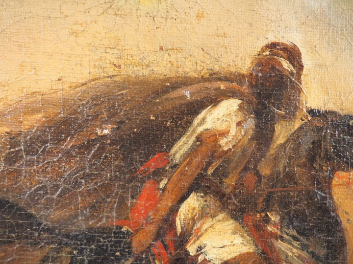 Ecole orientaliste XXème. "Guerriers arabes". Huile sur toile Dim. 31 