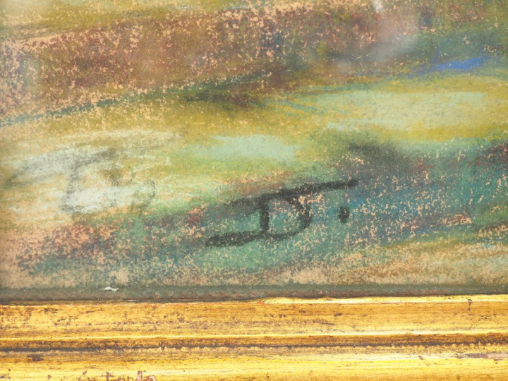 Ecole française fin XIXème. "Statue dans un parc en été"  Pastel monog