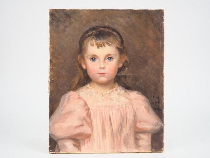 Ecole française XIXème.  "Portrait de fillette à la robe rose" Huile s