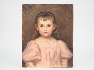 Vente aux enchères Ecole française XIXème.  "Portrait de fillette à la robe rose" Huile s