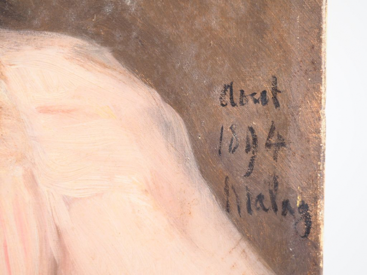 Ecole française XIXème.  "Portrait de fillette à la robe rose" Huile s