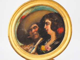 Vente aux enchères Benito BELLI. "Couple d'espagnols". Huile sur carton, signée et datée 
