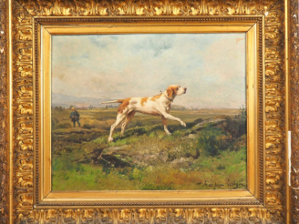 Vente aux enchères LEVIGNE OU LAVIGNE.  "Chien de chasse" Huile sur toile, signée en bas 