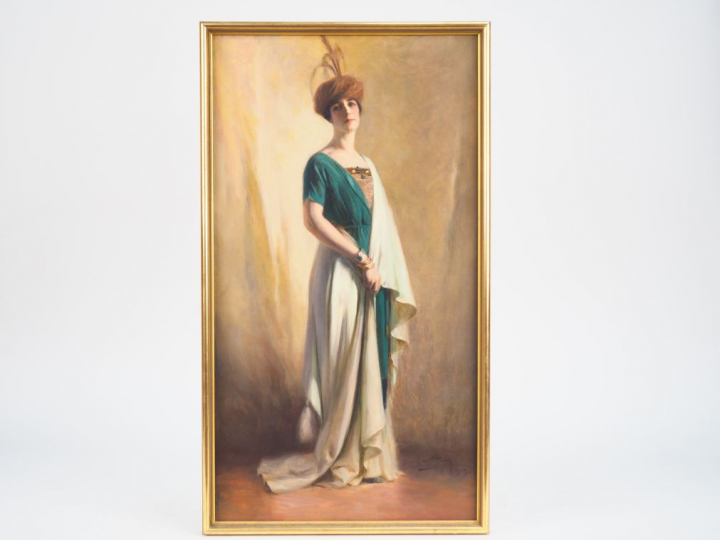 SCHOEN. "Portrait d'élégante en pied". Huile sur toile, signée en bas 