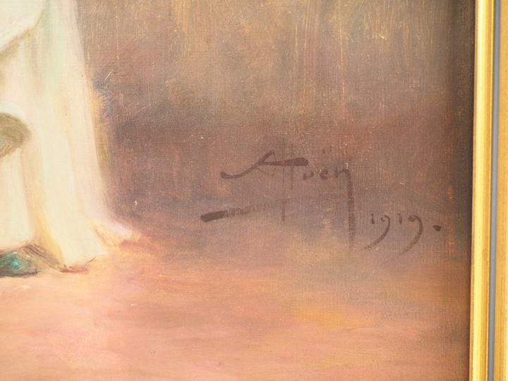 SCHOEN. "Portrait d'élégante en pied". Huile sur toile, signée en bas 