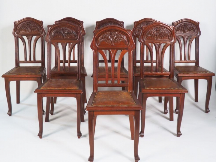 Mobilier de salle à manger Art Nouveau en acajou et loupe de Thuya à d