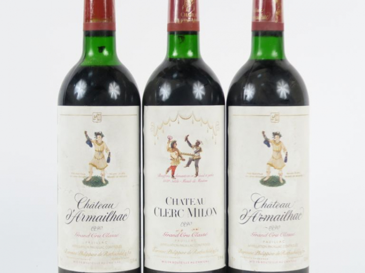 3 BOUTEILLES GCC PAUILLAC 1990 : 1 CHÂTEAU CLERC MILON 1990 BG - 2 CHÂ