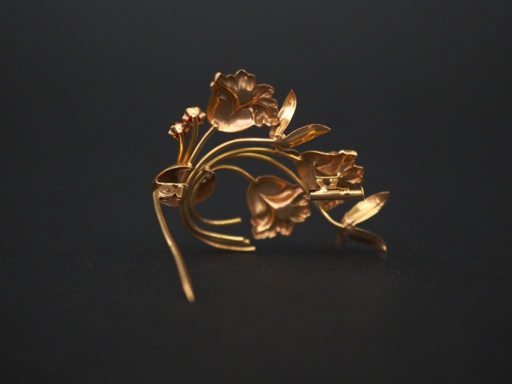 Broche 1900 en or jaune et corail en cabochon, en forme de gerbe de fl