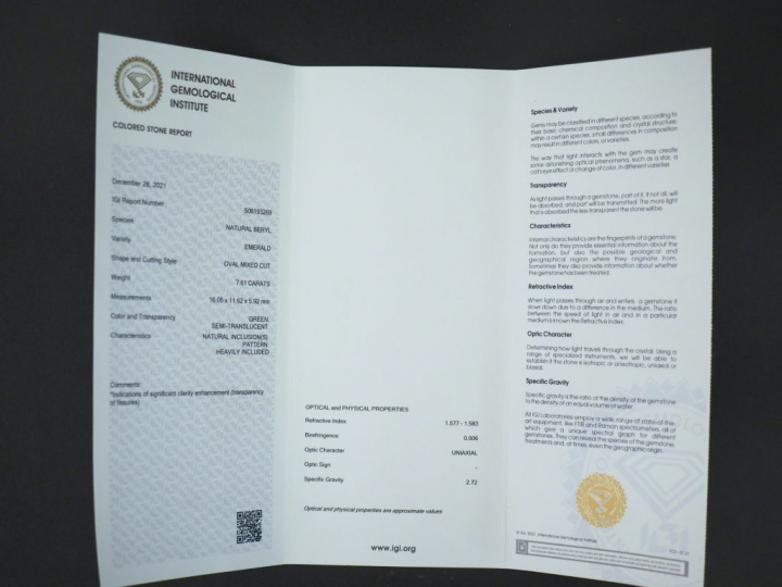 	Emeraude sur papier de 7,61 ct. Avec son certificat.