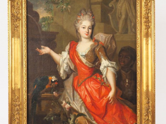 Vente aux enchères Ecole française XVIIIème. "Portrait de jeune femme au perroquet, au pa