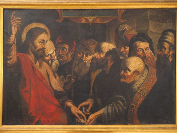 Ecole XVIIème d'après RUBENS.  "Le denier de César".  Grande Huile sur