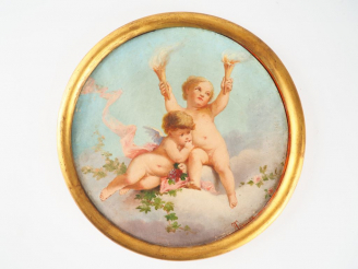 Vente aux enchères TRINQUIER. "Angelots". Huile sur toile signée en bas à droite. Diam. 2