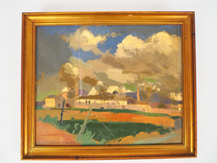 Rafael DURAN CAMPS. "Paysage". Huile sur carton signée en bas à gauche