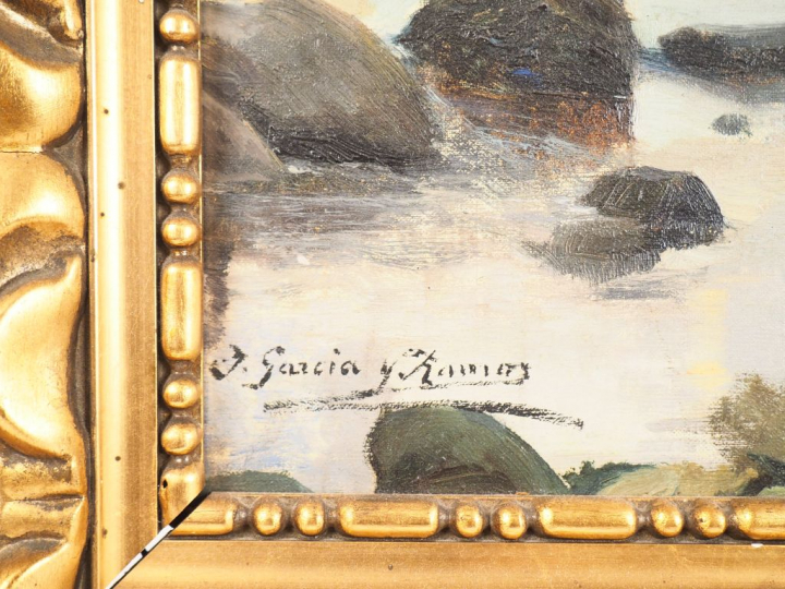 GARCIA y RAMOS. "Lavandières". Huile sur toile, signée en bas à gauche