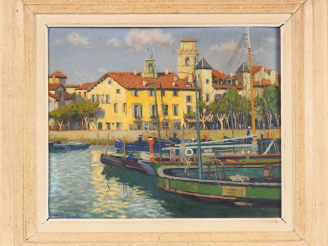 Vente aux enchères Pierre LABROUCHE. "Le Port de St Jean de luz". Huile sur isorel, signé