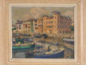 Vente aux enchères Pierre LABROUCHE. "Quai de l'Infante à Saint Jean de Luz". Huile sur i