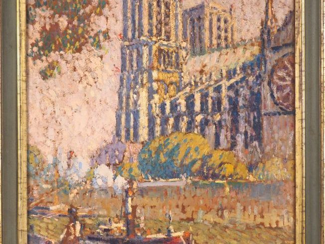 Joseph LEPINE. "La Seine le long de Notre Dame".  Huile sur panneau, s
