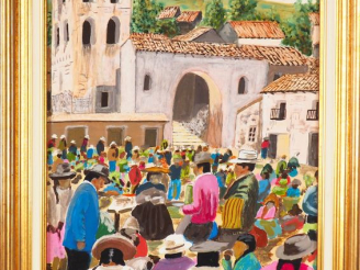 Vente aux enchères P. LEULLIER. "Marché bolivien". Huile sur carton, signée en bas à droi