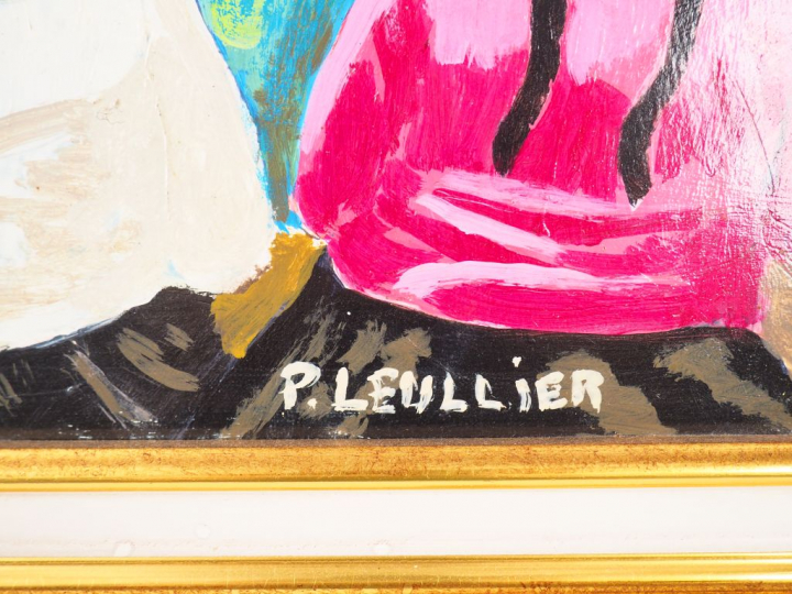 P. LEULLIER. "Marché bolivien". Huile sur carton, signée en bas à droi
