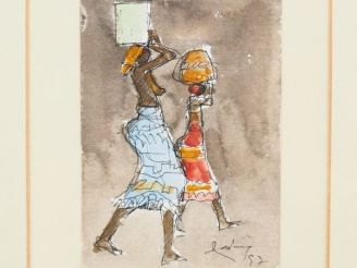 Vente aux enchères NASCEAU. "Femmes africaines". Aquarelle signée et datée en bas à droit