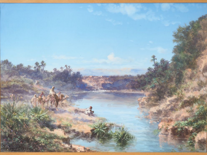 Paul PASCAL. "Chameliers en bord de rivière". Gouache signée en bas à 