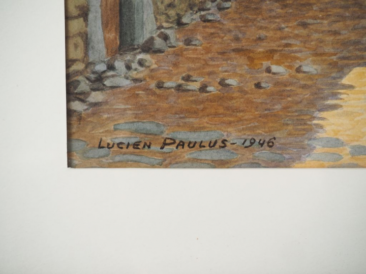 Lucien PAULUS. "Place de village ensoleillée". Aquarelle signée en bas