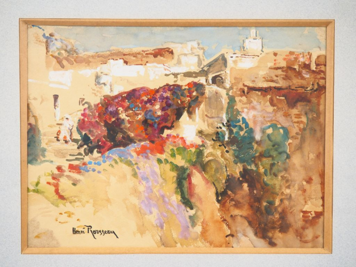 Henri ROUSSEAU. "Buisson de fleurs dans un ville du Maroc" Aquarelle, 