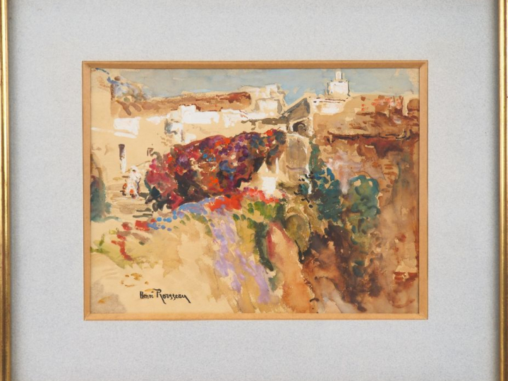 Henri ROUSSEAU. "Buisson de fleurs dans un ville du Maroc" Aquarelle, 