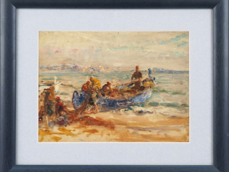 Vente aux enchères Henri ROUSSEAU. "Pêcheurs d'Alpes maritimes". Huile sur panneau, tampo